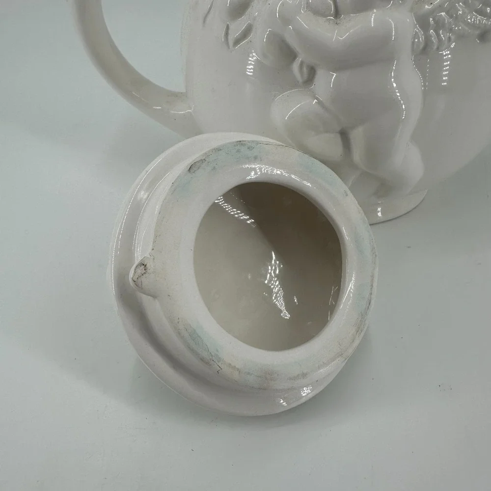 Vintage White Ceramic Cherub Angel Relief Teapot w/ Lid‎ FWC Decorative